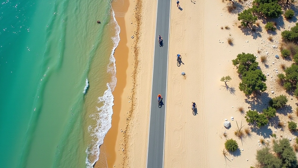 Vista aérea de la ciclovía playera de Isla Verde mostrando diferentes superficies, asfalto y secciones con arena, fotografía de drone