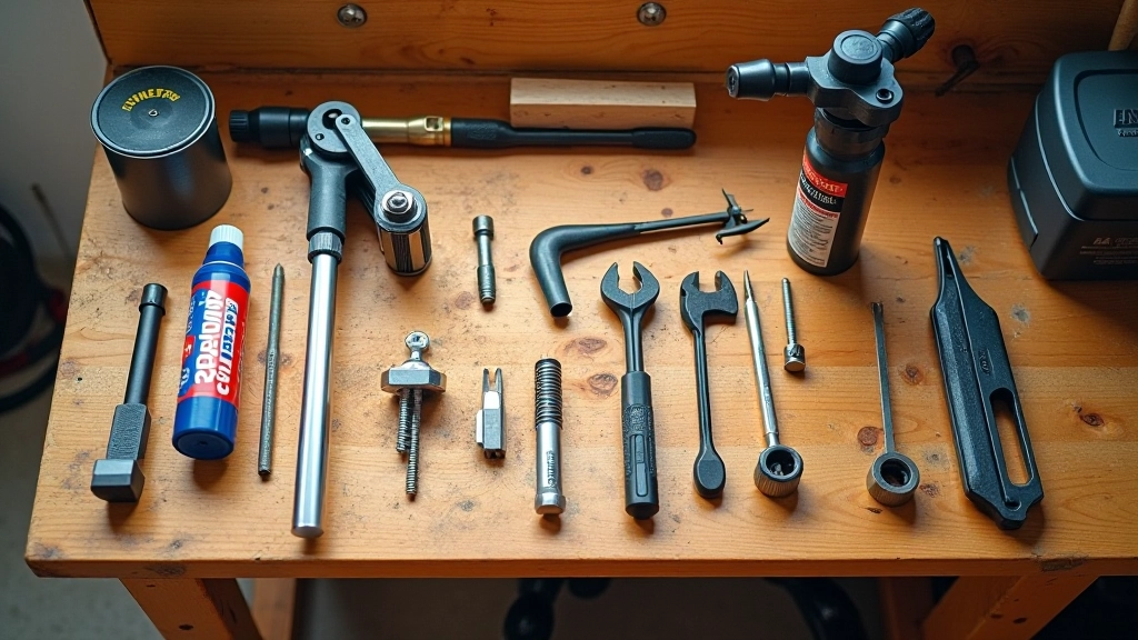 Conjunto de herramientas básicas de mantenimiento de bicicleta sobre una mesa de trabajo de madera
