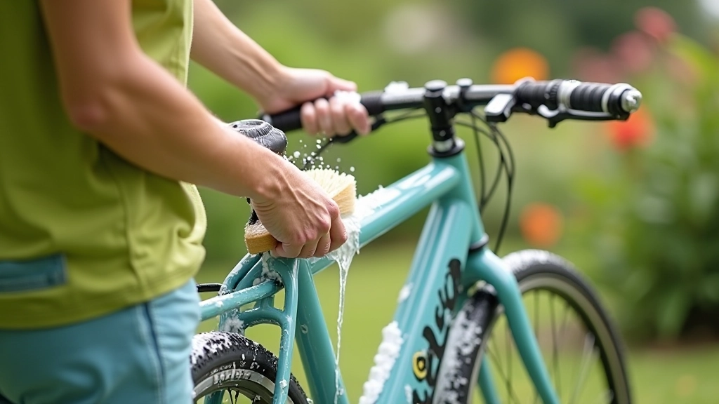 Bicicleta de paseo siendo limpiada con agua y jabón en un patio trasero soleado