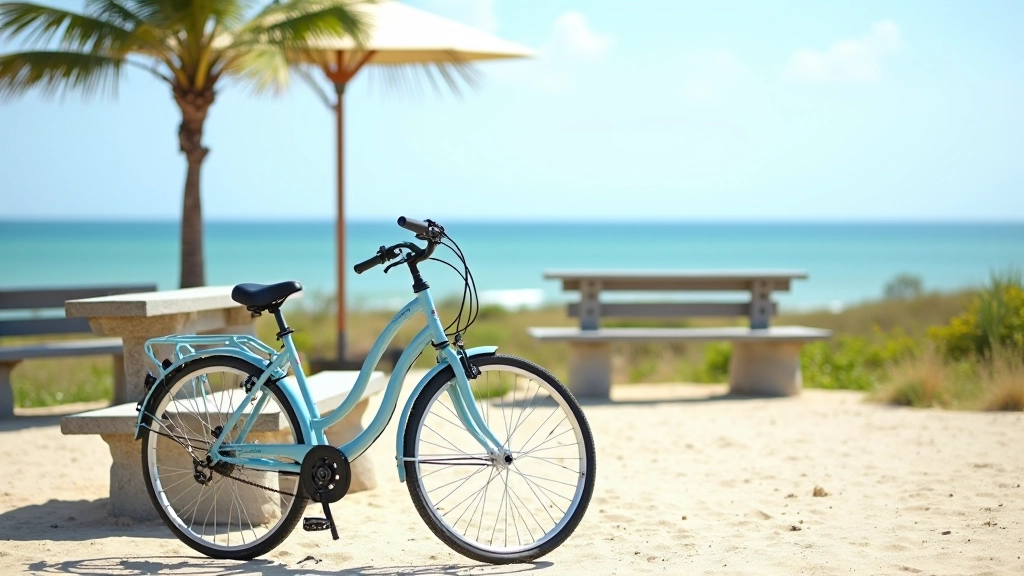 Bicicleta de paseo estacionada en un área de descanso de la ciclovía con vista al mar
