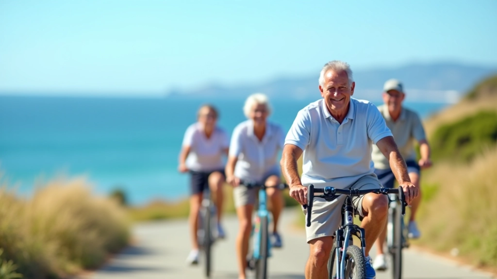 Grupo de ciclistas mayores en la costa