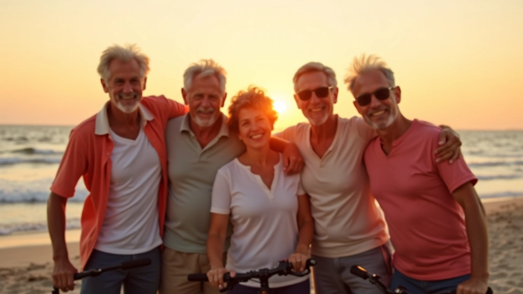 Grupo de ciclistas mayores sonriendo en la costa