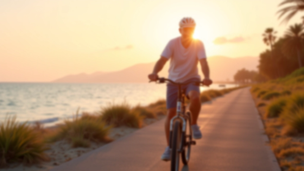 Ciclistas disfrutando de un hermoso amanecer en la ciclovía costera, cielo rosado y agua tranquila