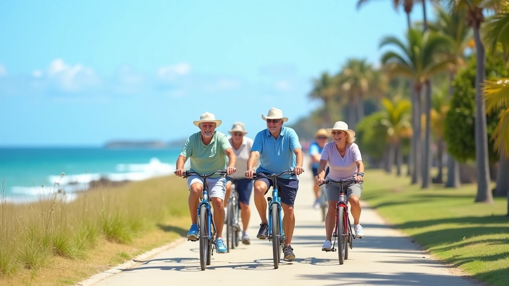 Grupo de jubilados disfrutando de un recorrido en bicicleta por la ciclovía costera