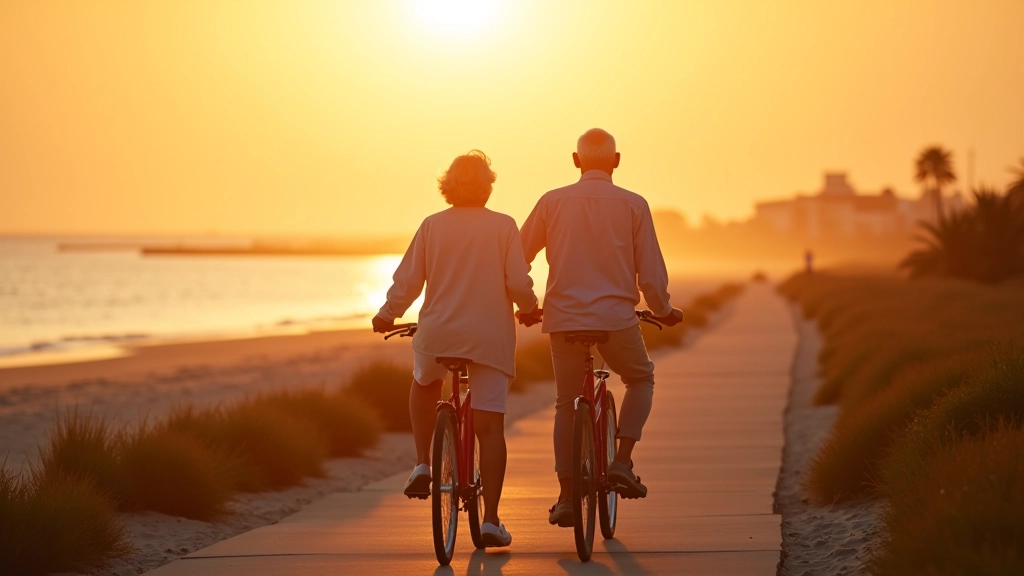 Pareja de jubilados caminando con bicicletas en la costa de Carolina, atardecer