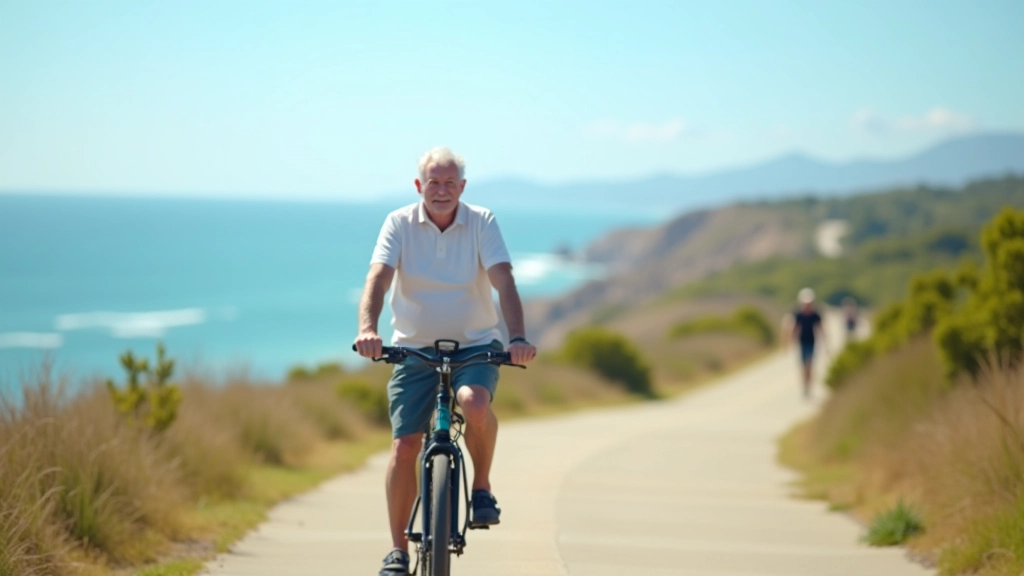 Ciclista mayor disfrutando de la vista al mar en una ciclovía costera de Isla Verde