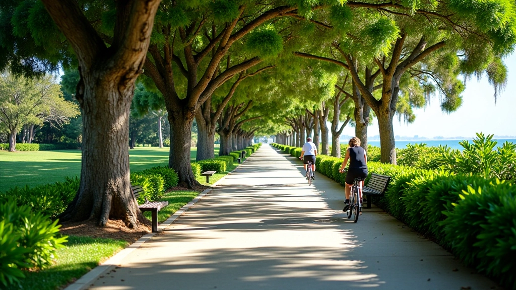 Sección arbolada de la ciclovía con sombra abundante, ciclistas descansando en bancas, vegetación tropical frondosa