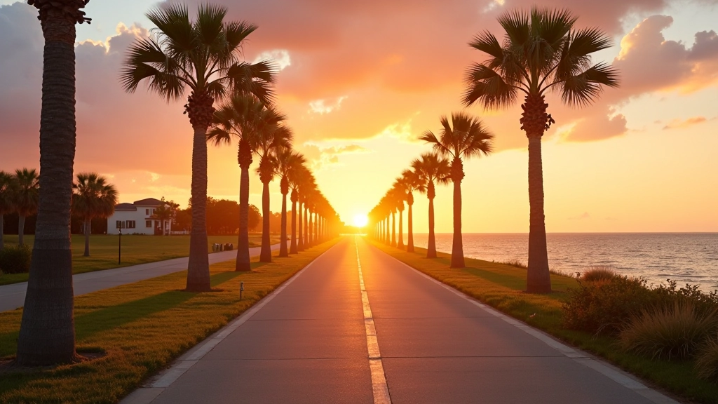 Vista panorámica de la ciclovía playera al atardecer con palmeras y cielo naranja